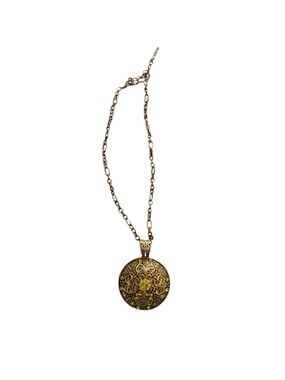 Lucky Brand Peridot Green Crystal Filigree Medallion Necklace Antique Gold Tone